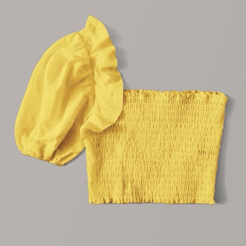 One shoulder shirred ruffle crop top in yellow